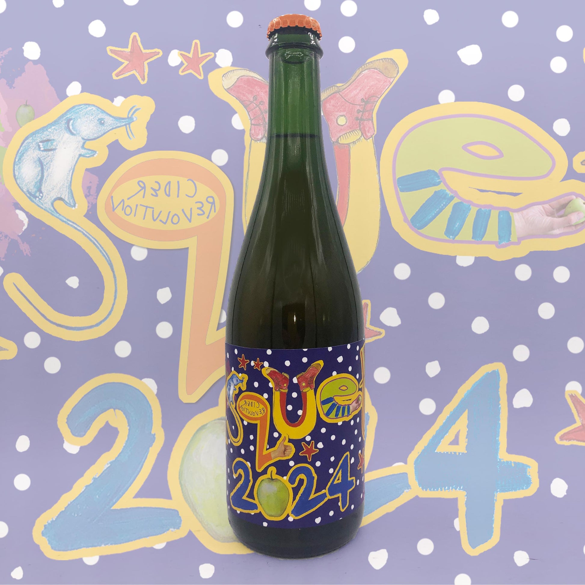 Green bottle with a colorful label on a polka dot background with numbers and letters.