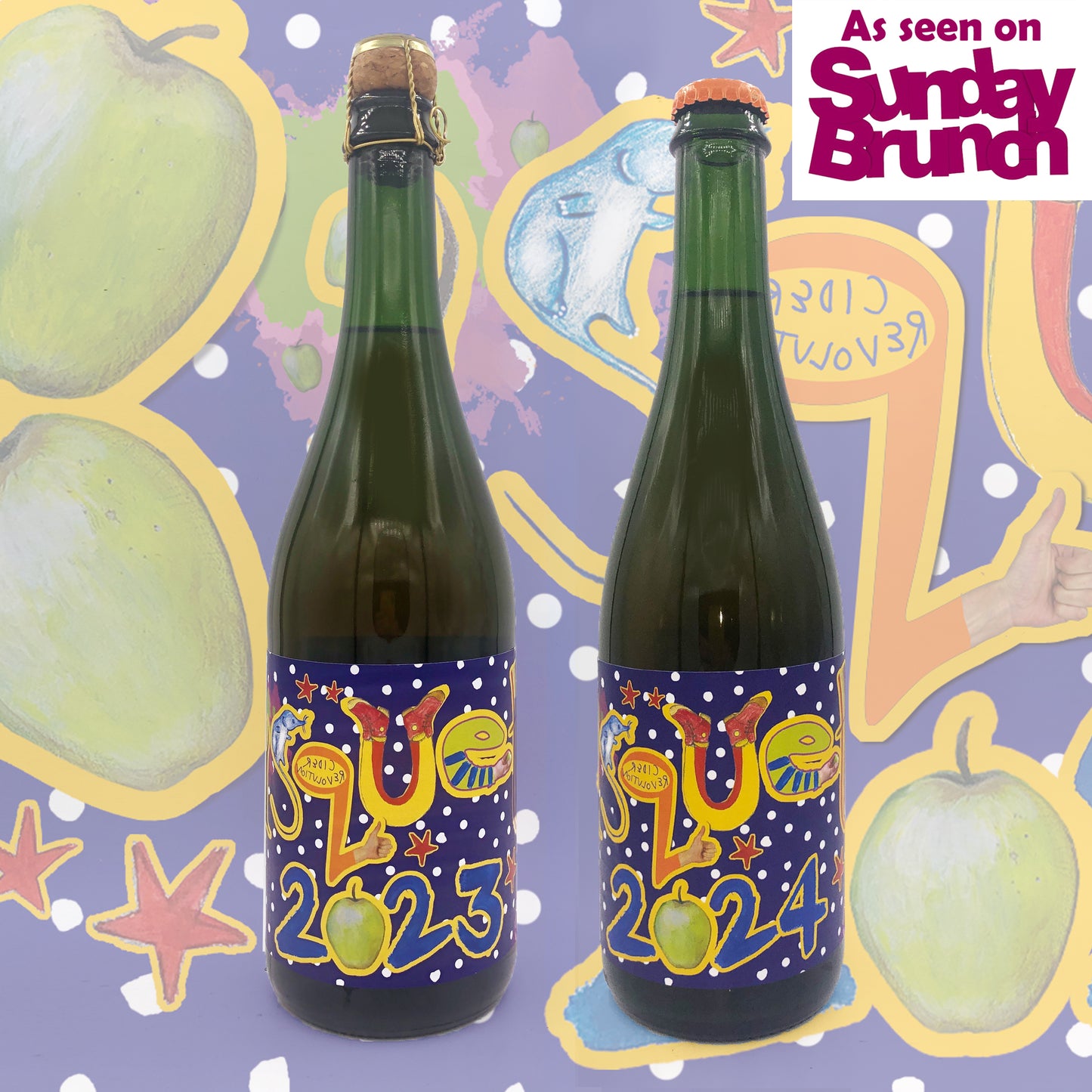Two green bottles with colorful labels on a decorative background with apples and text.