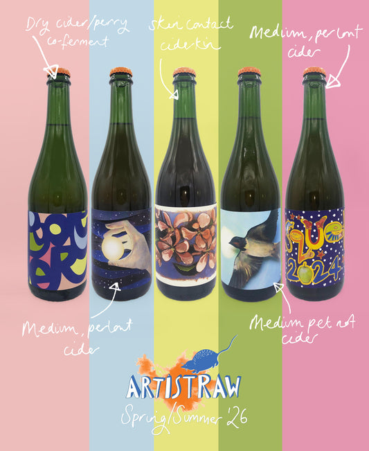 Five bottles of cider with colorful labels on a multicolored background, featuring the brand 'Artistraw'.